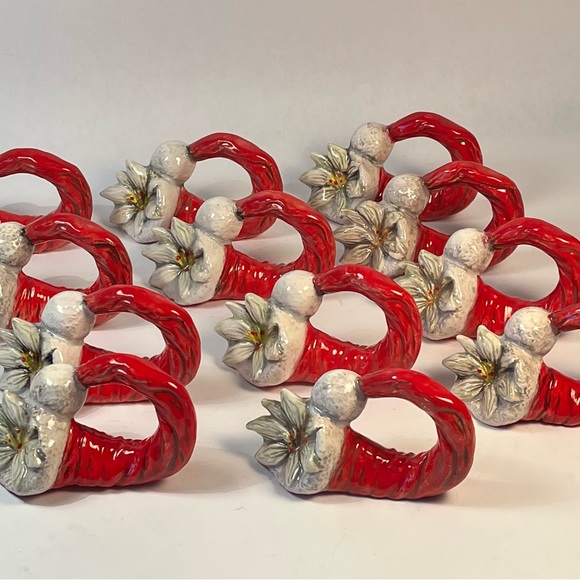 Napkin Rings Christmas Santa Hat White Poinsettia Hand Made Art Deco ￼holidays - Picture 4 of 8